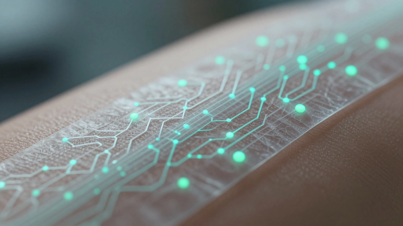 Close-up of flexible nano-electronic skin sensors on human skin