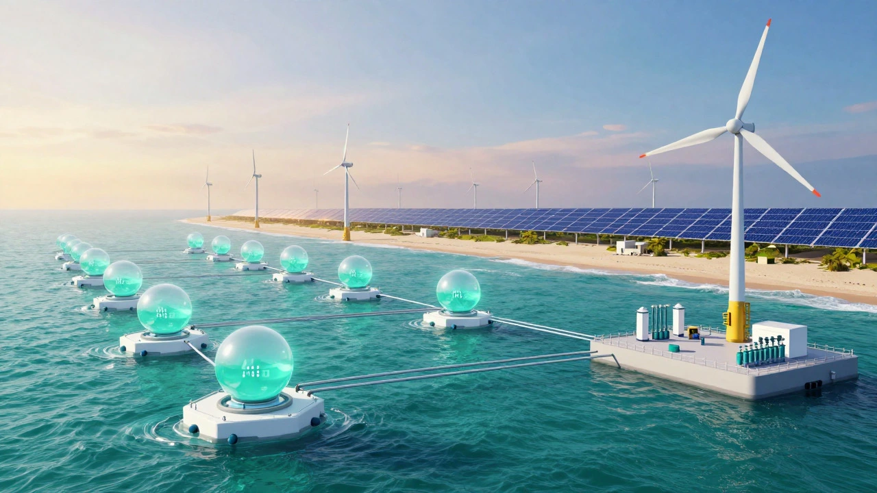 Coastal wave energy devices and green hydrogen production facility