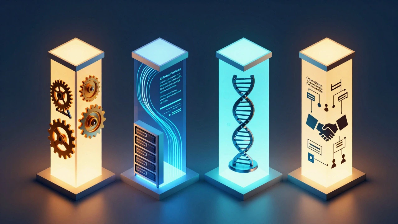 Four pillars illustrating engineering, software, science, and operations