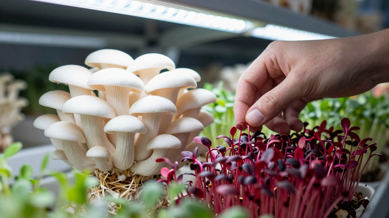 Fresh mushrooms and microgreens under grow lights