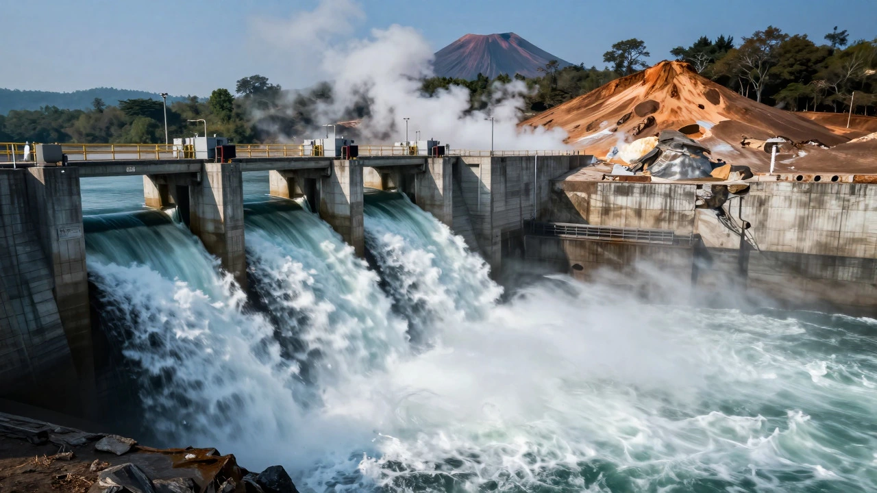 Hydroelectric dam releasing water and geothermal steam rising