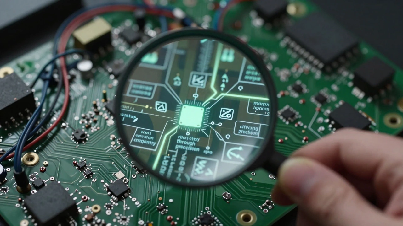 Magnifying glass revealing order in chaotic circuitry symbolizing clarity