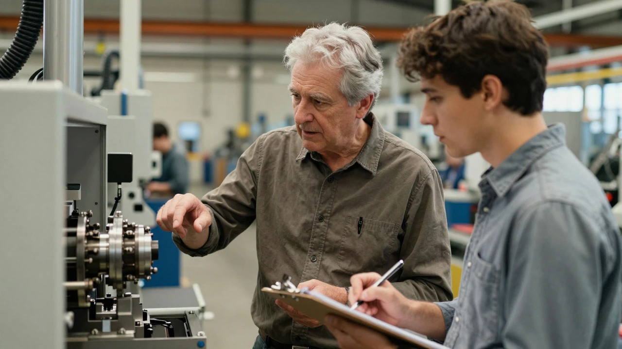Senior engineer mentoring junior staff on machinery, showing knowledge transfer