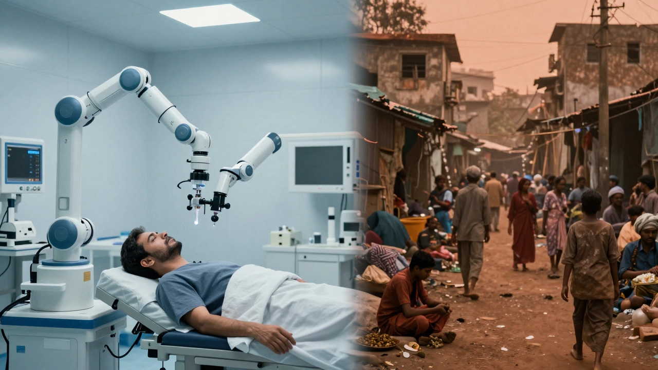 Split scene showing wealth gap in access to nanomedicine