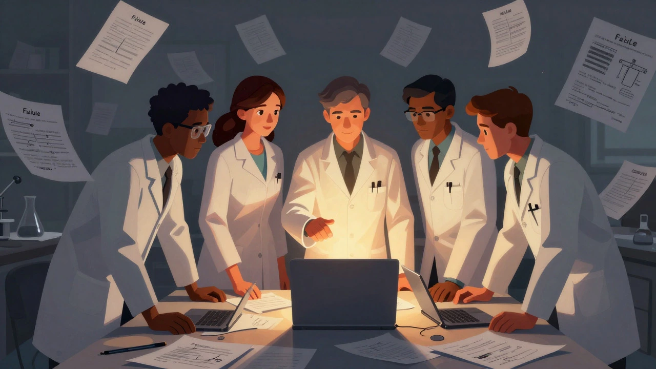 A group of scientists united around a table reviewing failed experiments