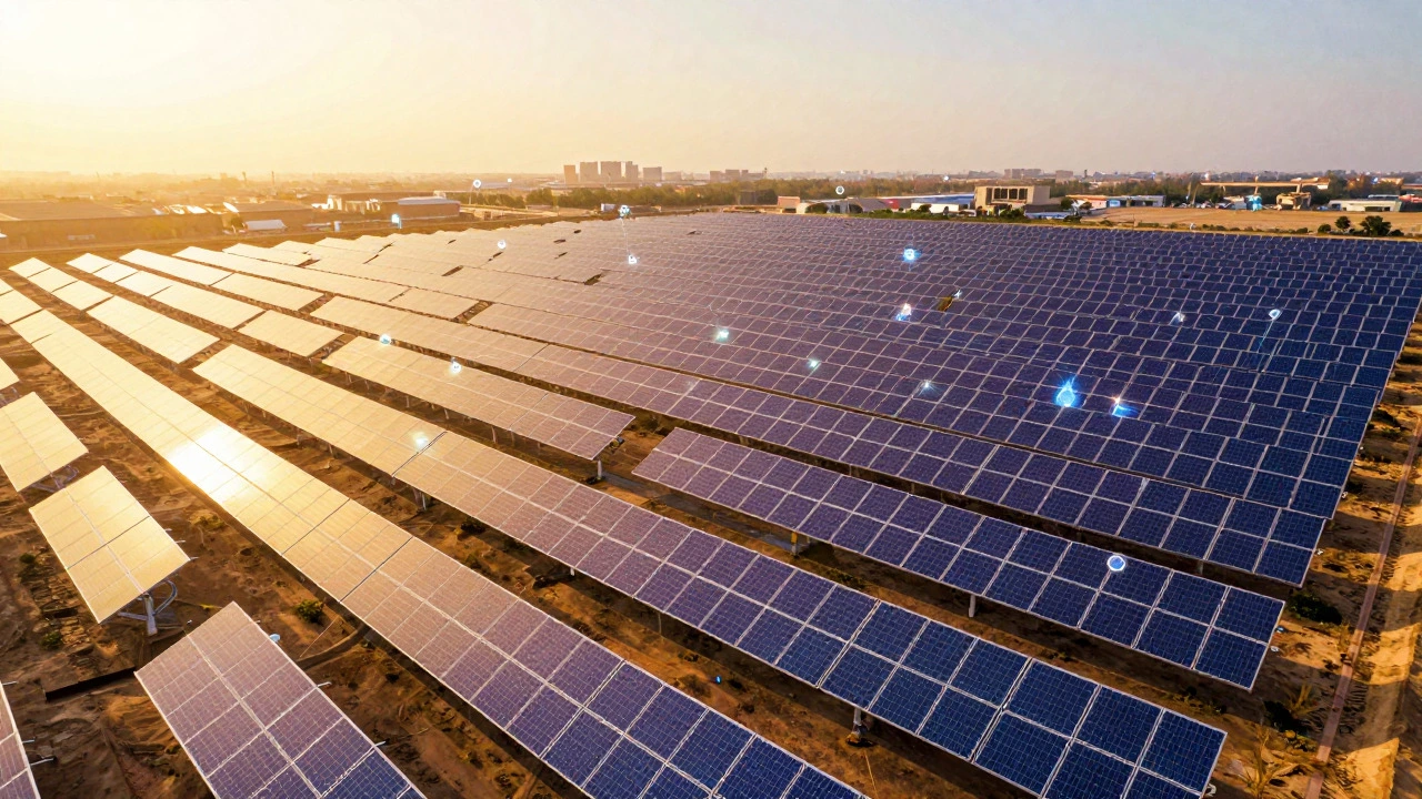 Aerial view of a large solar farm with digital connection lines extending to cities