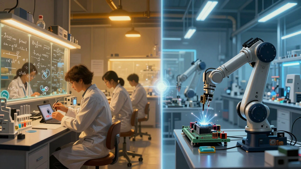 Contrast between quiet academic lab and busy industrial manufacturing floor