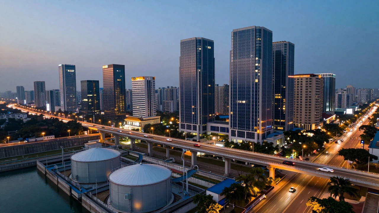 Futuristic Indian cityscape at dusk featuring solar buildings, EVs, and battery storage