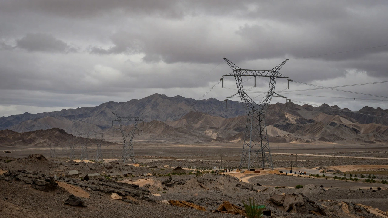 High-voltage transmission lines crossing a cloudy desert landscape, representing grid infrastructure bottlenecks.