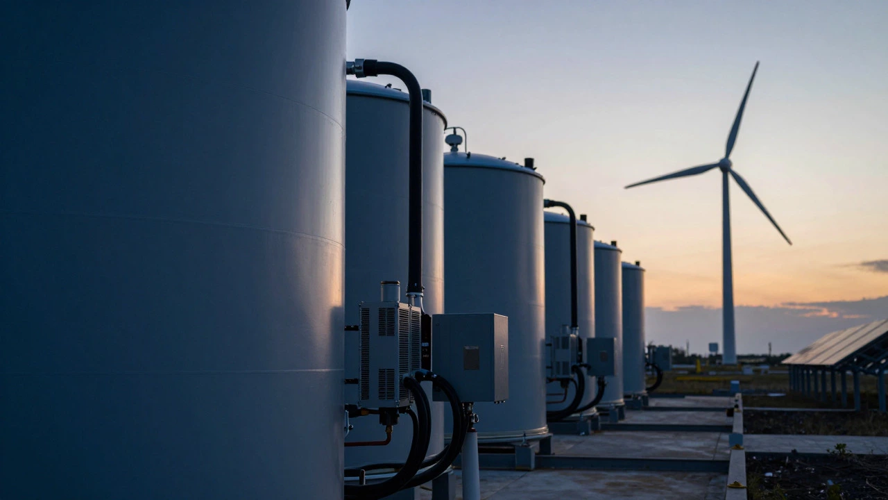 Industrial battery storage units at a renewable energy site during twilight, highlighting storage challenges.