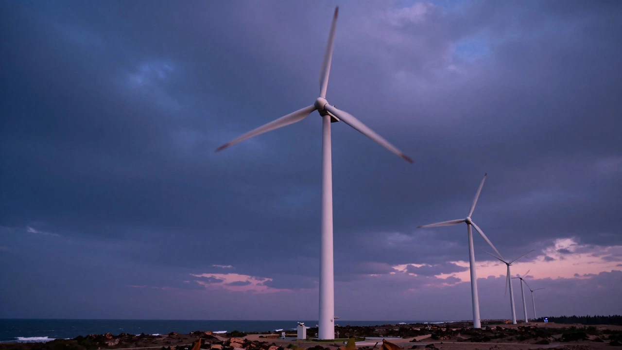 Large wind turbines spinning near the coast at dusk