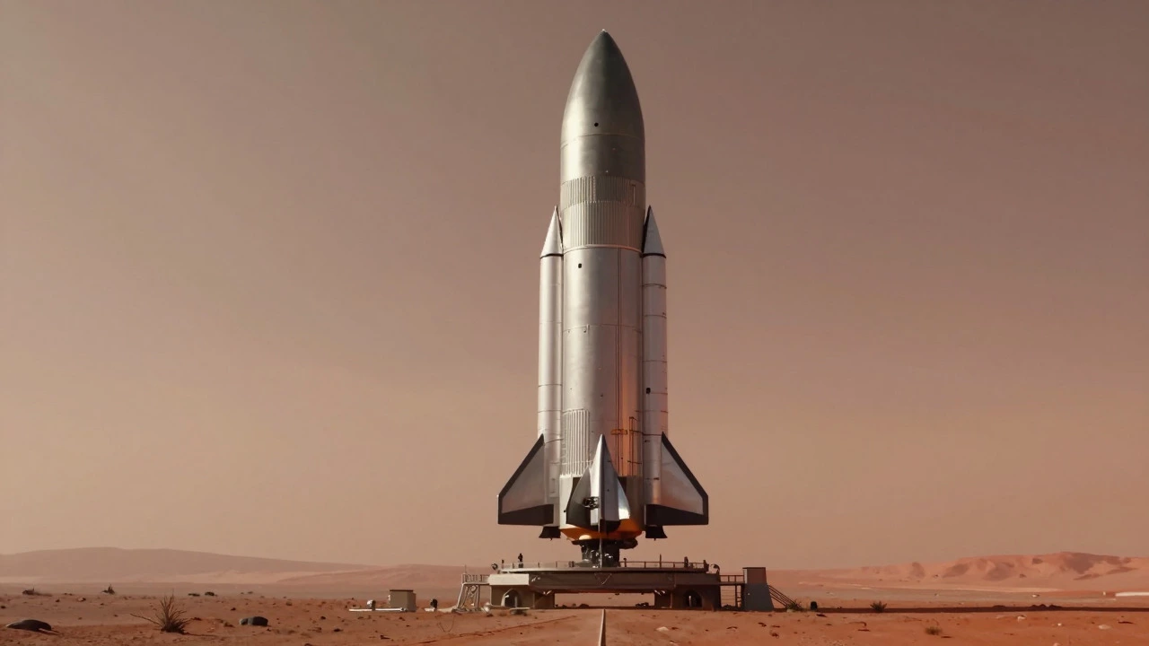 Massive Starship rocket aimed toward a Martian horizon