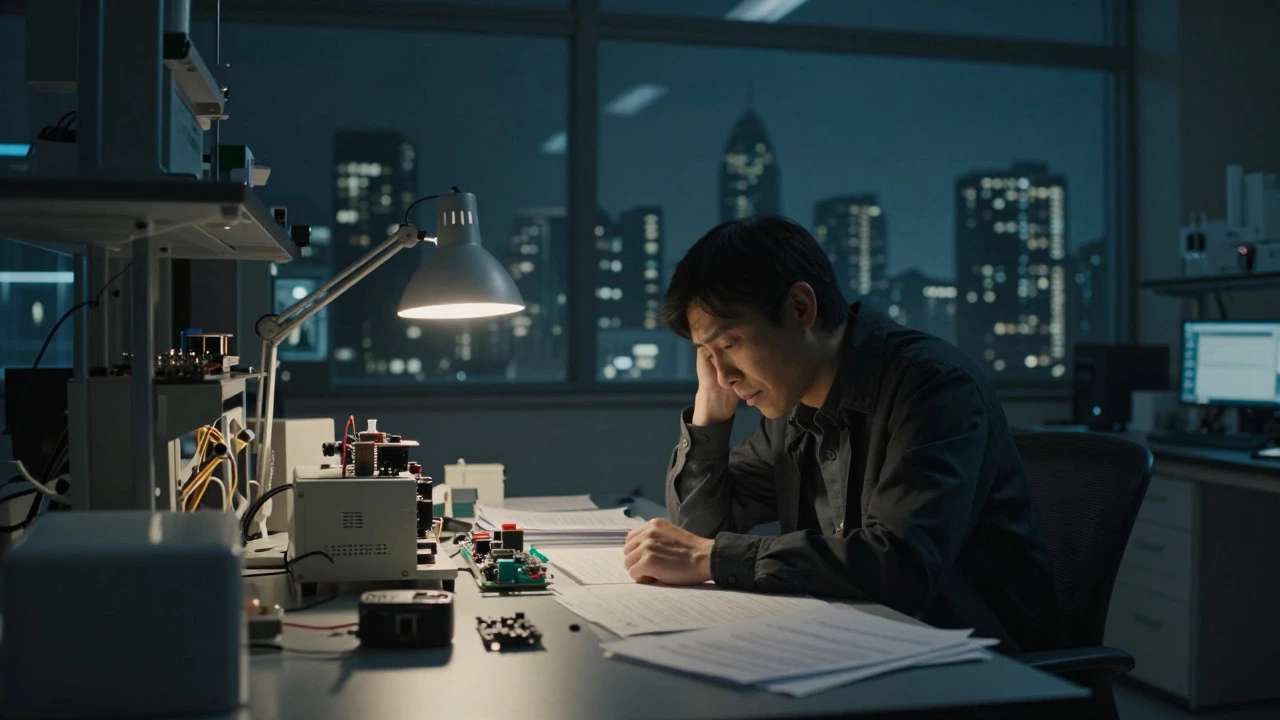 Researcher working late in a cluttered lab with a city skyline visible through the window