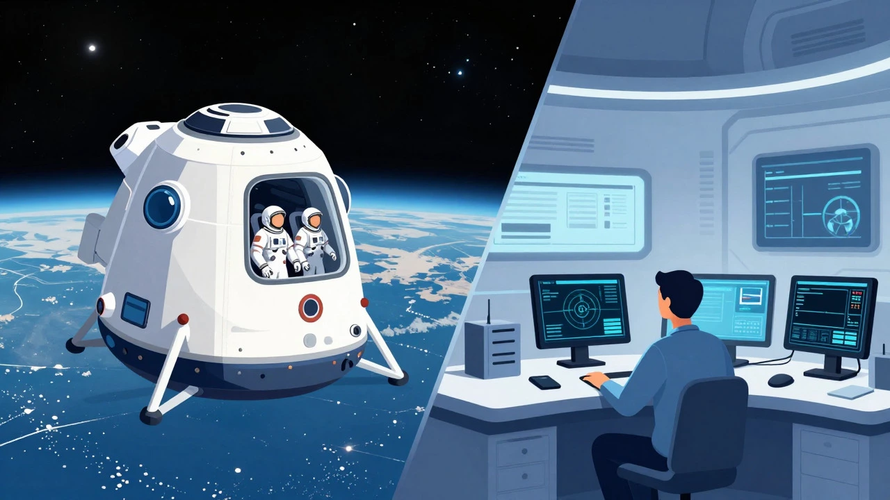 Split view of astronauts in orbit and engineers on Earth