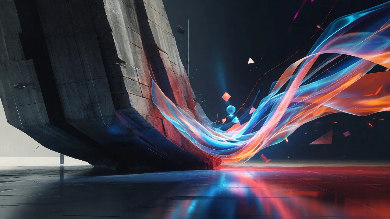 Agile light stream undercutting a heavy stone monolith