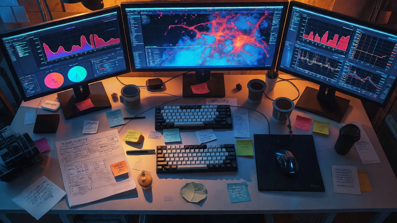 Close-up of a desk with monitors showing abstract data visualizations