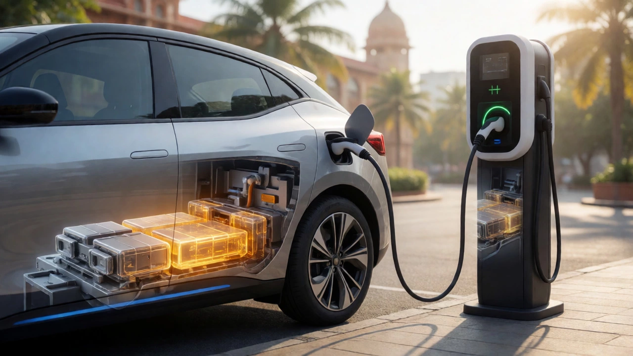 Electric vehicle charging with a cutaway view showing glowing nano-solid-state battery technology.
