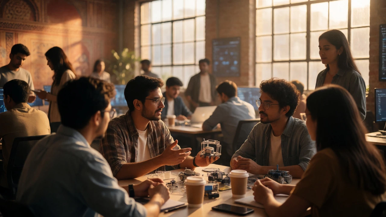 Entrepreneurs discussing prototypes in a sunlit tech incubator