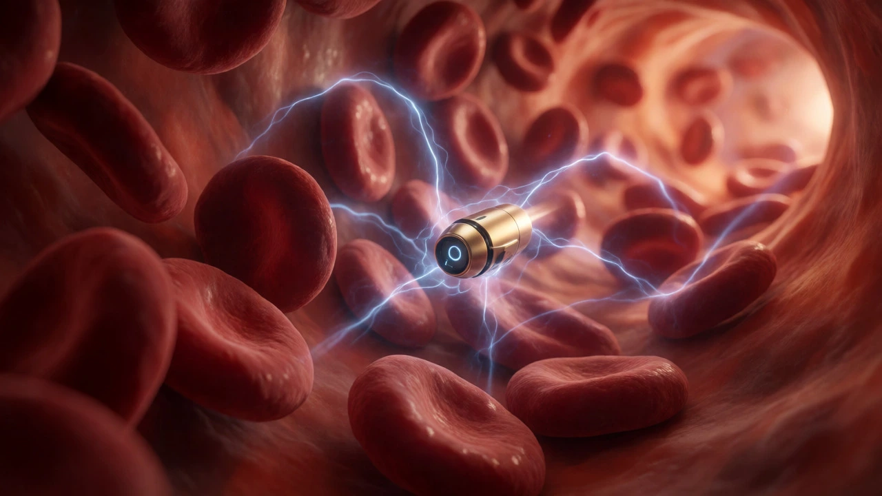 Gold nanobot swimming through an artery with magnetic guidance