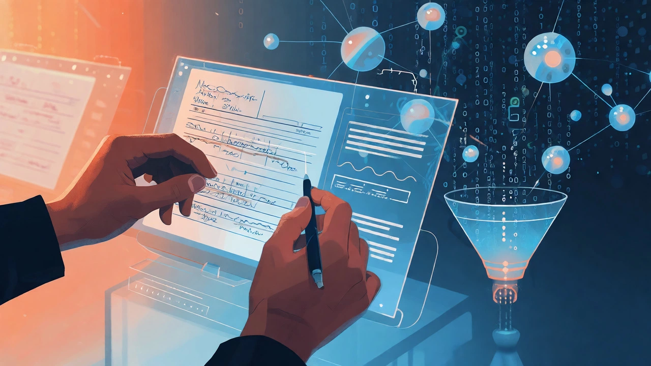 Human hands correcting digital data amidst AI neural networks