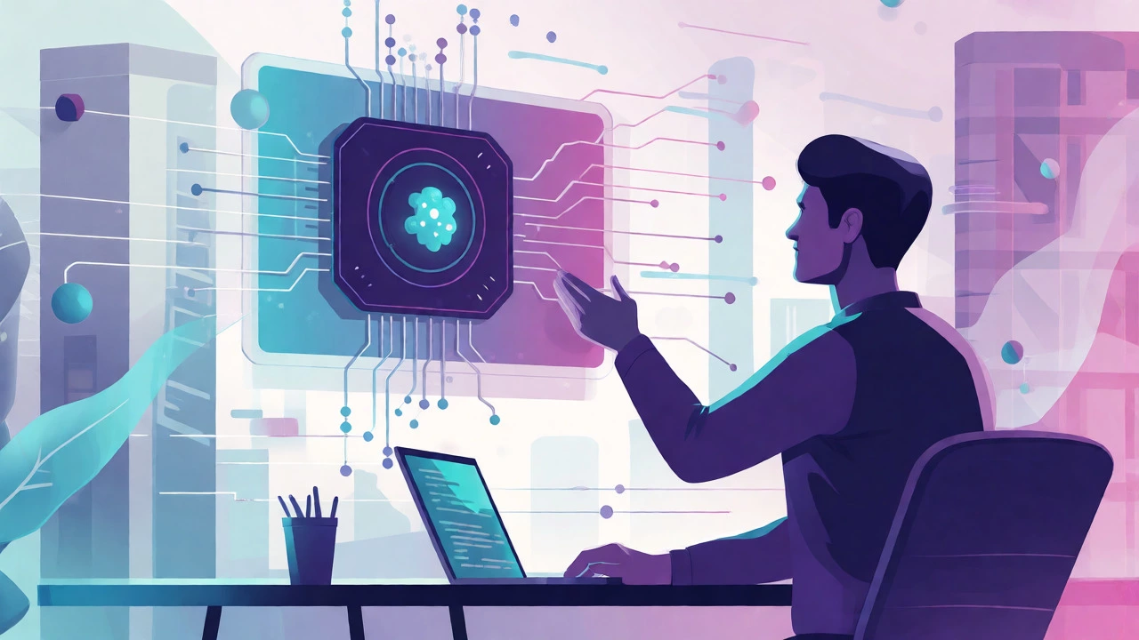Human interacting with a futuristic AI interface in a conceptual setting