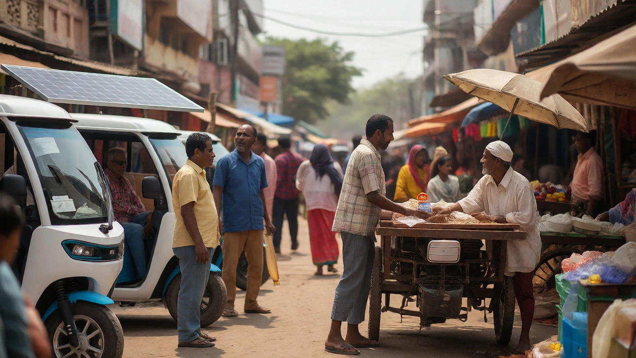 Indian street market showing contrast between green tech and traditional livelihoods