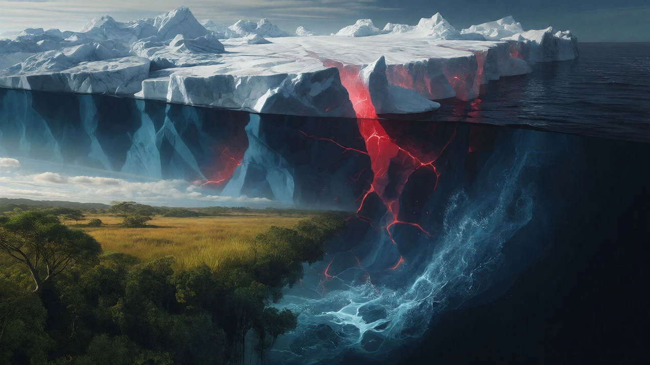 Melting ice sheet and Amazon rainforest illustrating climate tipping points