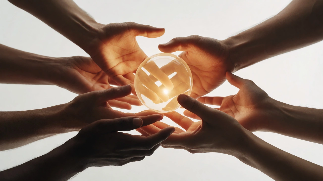 Multiple hands passing a glowing sphere symbolizing shared knowledge