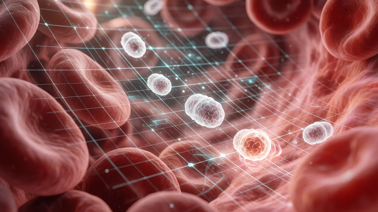 Nanoparticles navigating through blood cells guided by an AI holographic grid for targeted delivery.