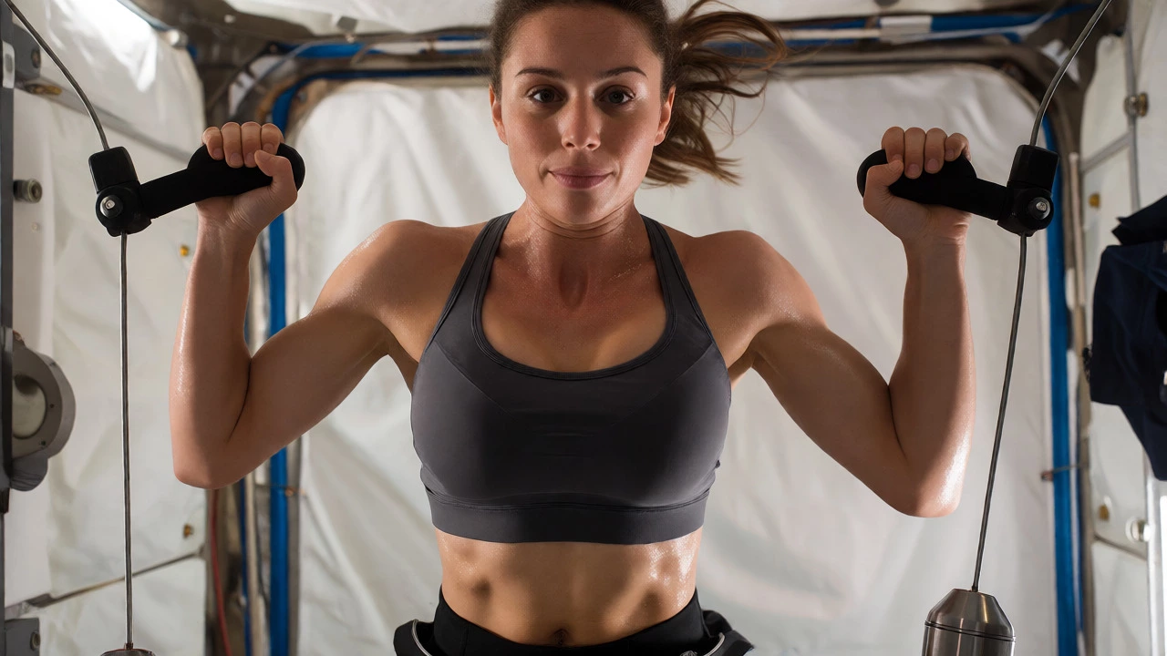 Astronaut exercising on ARED device wearing a supportive sports bra
