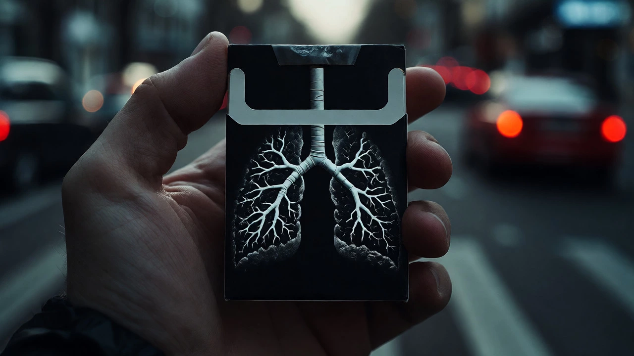 Close-up of a cigarette pack with graphic health warnings covering most of the surface.