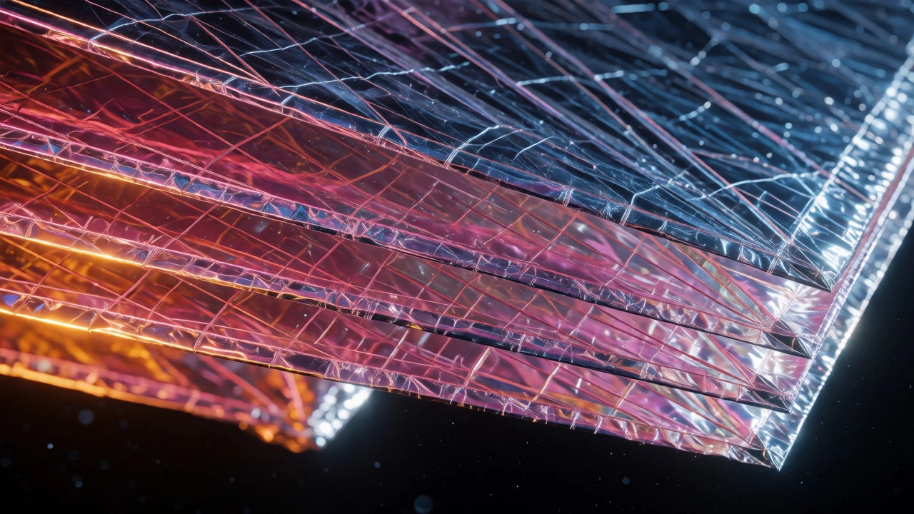 Close-up of JWST sunshield layers showing thermal gradient from warm to cool.