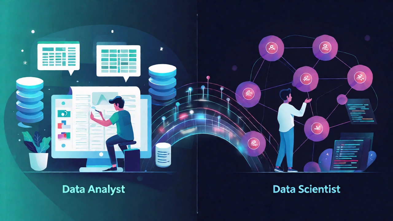 Conceptual illustration contrasting Data Analyst and Data Scientist career paths.
