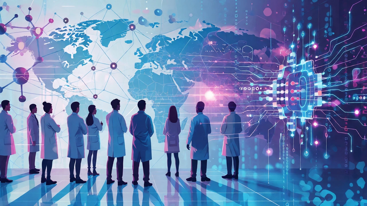 Diverse scientists collaborating with AI and holographic data in a modern research setting.