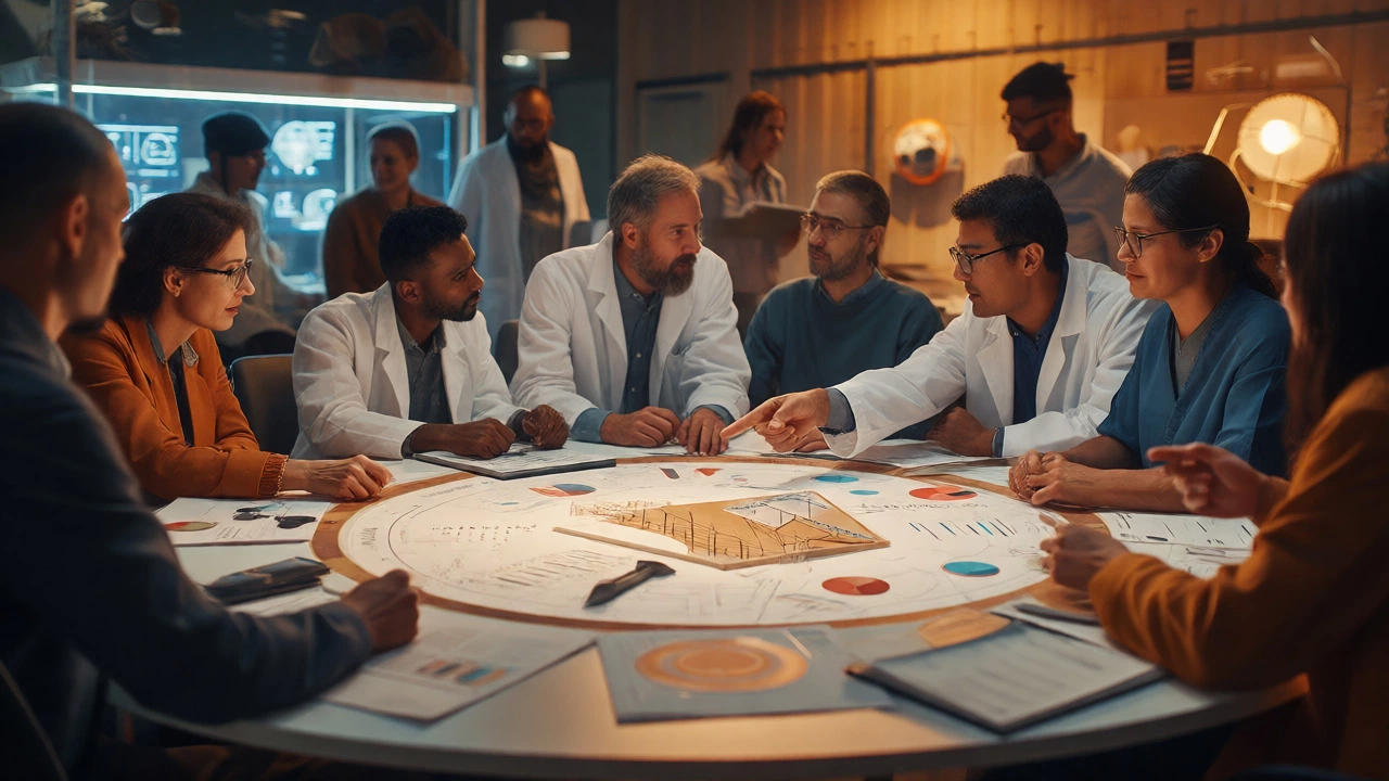 Diverse team of scientists discussing data collaboratively around a table.