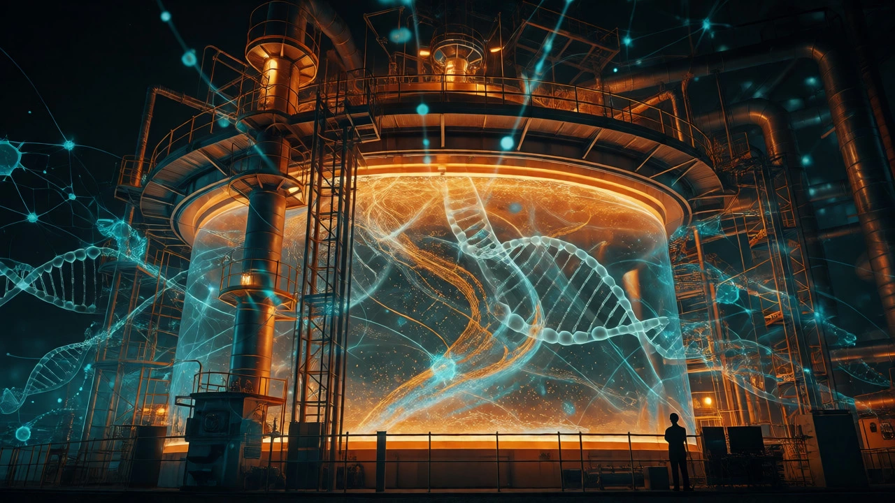 Glowing industrial bioreactors with digital AI overlays