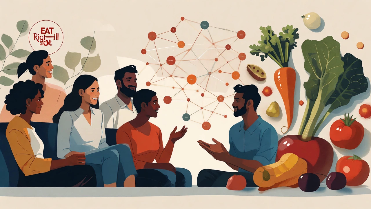 Illustration depicting mental health conversations alongside healthy Indian food choices.
