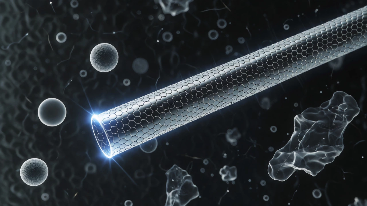 Macro view of a single carbon nanotube surrounded by other nanoparticle shapes.