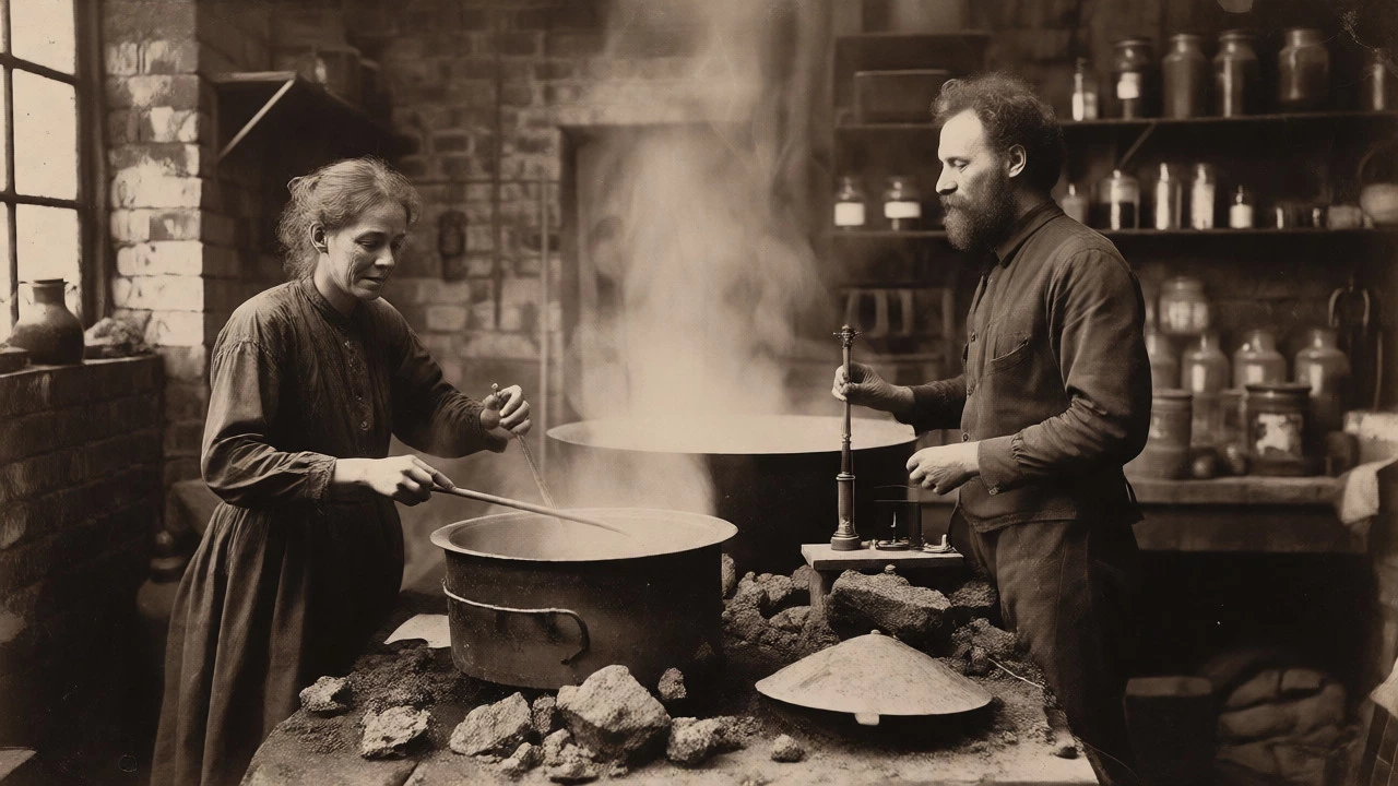 Marie and Pierre Curie working together in a steam-filled shed processing pitchblende ore.