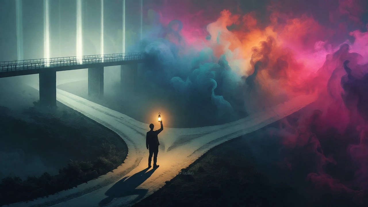 Person navigating a foggy path with a lantern of critical thinking.