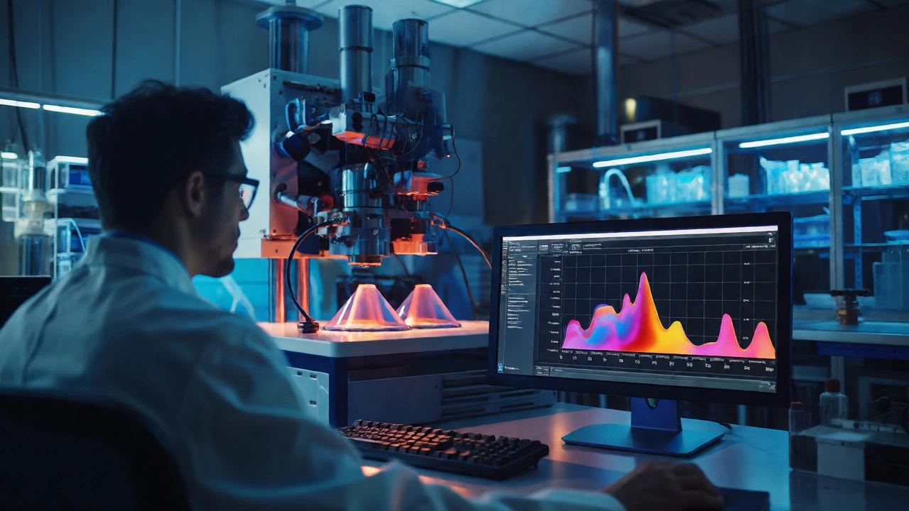Scientist analyzing particle data on a screen in a high-tech lab with electron microscope equipment.
