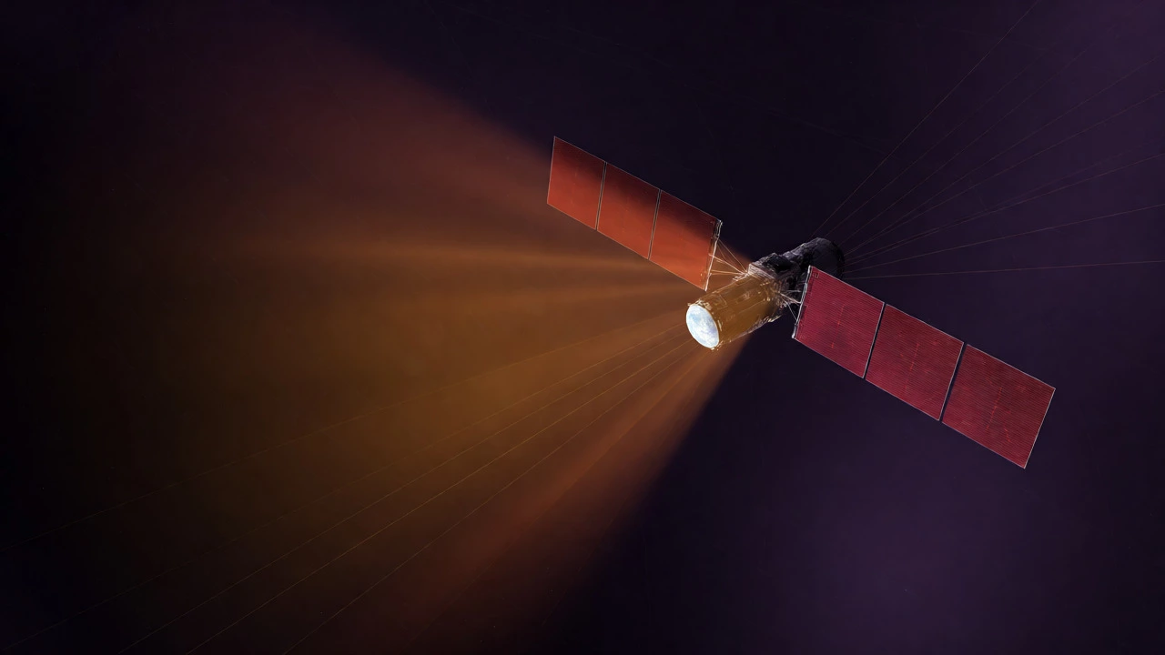 Spacecraft emitting infrared heat from radiators while orbiting Earth in the vacuum.