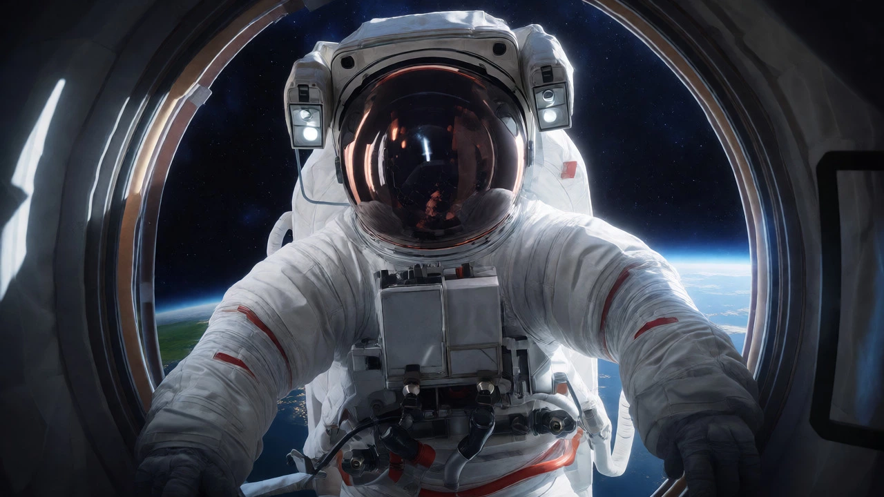 View from inside an EVA suit looking out at Earth and stars